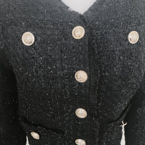 Women Black Tweed Buttons Front Top Jacket - Picture 4 of 7